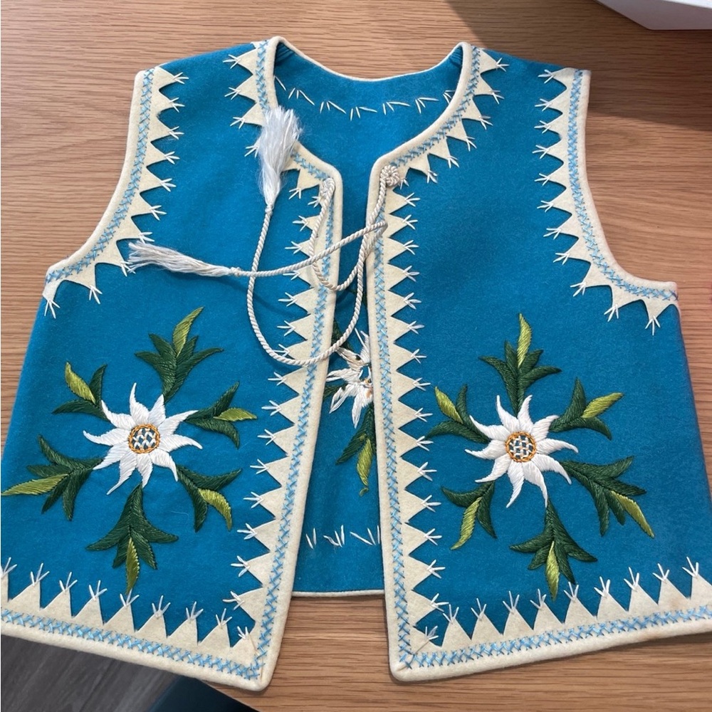 Embroidered Blue Vest with Floral Design